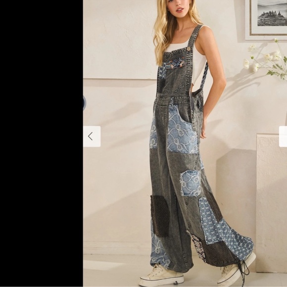 New:Oli & Hali Relaxed Fit Mixed Fabric Print Patchwork Wide Leg Overalls•Large - Picture 8 of 8